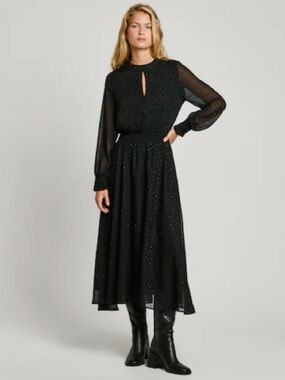 Reitmans Rock & Shine Smocked Waist Black with Metallic Midi Dress